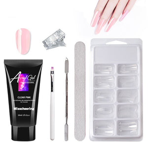 Nail care products including a tube of clear pink acrylic gel, brush, nail file, and nail tips on a white background.