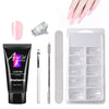Nail care products including a tube of clear pink acrylic gel, brush, nail file, and nail tips on a white background.